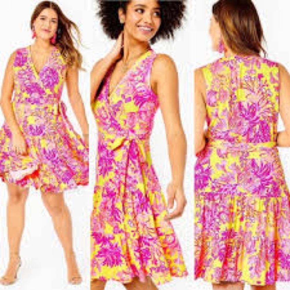 Lilly Pulitzer XL Folly Floral Wrap Dress Calla Yellow Pink‎ Coral NWT Resort